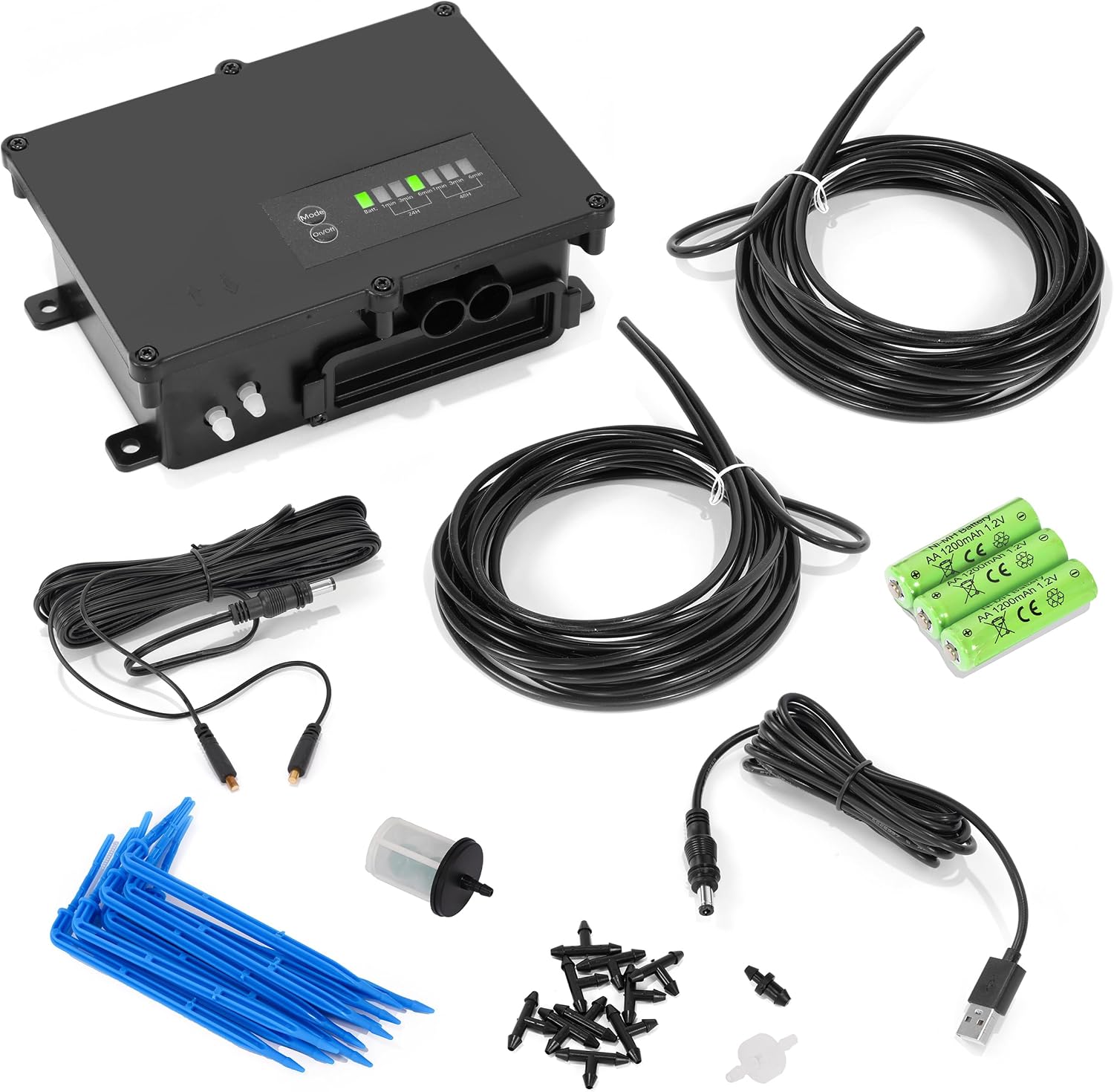 esotec Akku Bewässerungscomputer mit 10 Pfeiltropfern, Bewässerungssystem Indoor + Outdoor, automatische Bewässerung Urlaub, USB-Ladung, 5m Bewässerungsschlauch mit Wasserfilter, Pegelsensor 101104