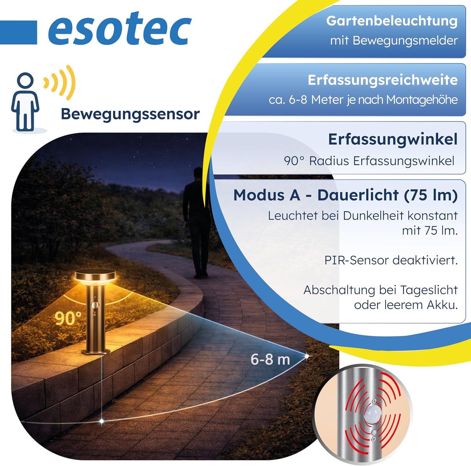 esotec Außenlampe mit Bewegungsmelder Solar LENA, Solar Wegeleuchte Edelstahl, Pollerleuchte Garten, 600lm, 3 Modi, 4000K, H=44,5cm, 102594 — Ansicht 4