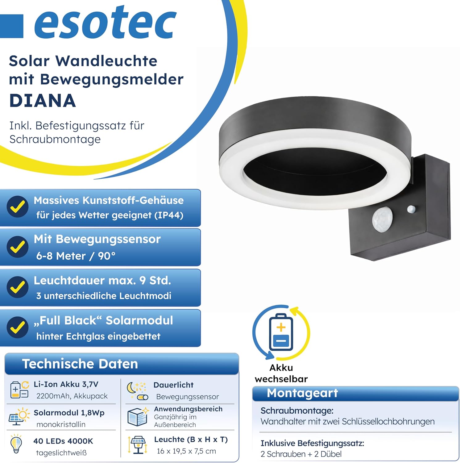 esotec Außenleuchte mit Bewegungsmelder Solar Diana, Solar Wandleuchte, Wandlampe außen, Gartenbeleuchtung, 600lm, 3 Modi, 4000K, IP44, 102598 — Ansicht 2