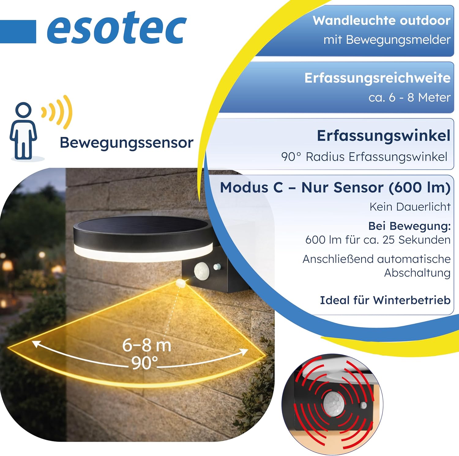 esotec Außenleuchte mit Bewegungsmelder Solar Diana, Solar Wandleuchte, Wandlampe außen, Gartenbeleuchtung, 600lm, 3 Modi, 4000K, IP44, 102598 — Ansicht 4