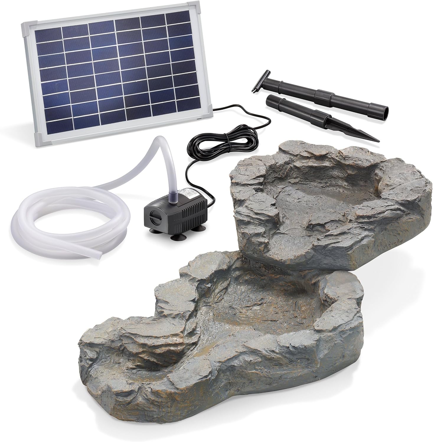 Esotec Bachlaufschalen-Set 2-teilig mit Solar-Pumpenset, Solar Bachlauf, Solar Teichpumpe 650 l/h 12 VDC, Wasserfall außen 101308