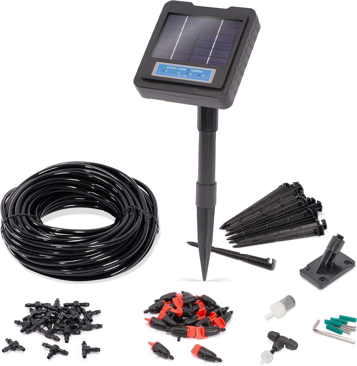 Esotec kompaktes Solar Bewässerungssystem Waterdrops 20 – Automatischer Bewässerungscomputer, 20 Wassertropfer, Timer, energieeffiziente Tropfbewässerung für Garten Balkon Beete & Pflanzgefäße 101129