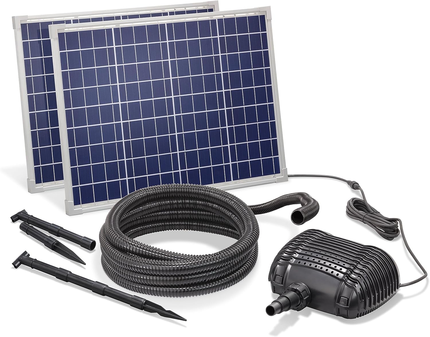 Esotec Solar Bachlaufset Waterfall 100 5000 Pro, Komplettset, Bachlaufpumpe 5000l/h, Solarmodule 100Wp, Erdspieß, Teichpumpe Gartenteich, Solarbrunnen draussen, Wasserspiel, 2,5m, 101970