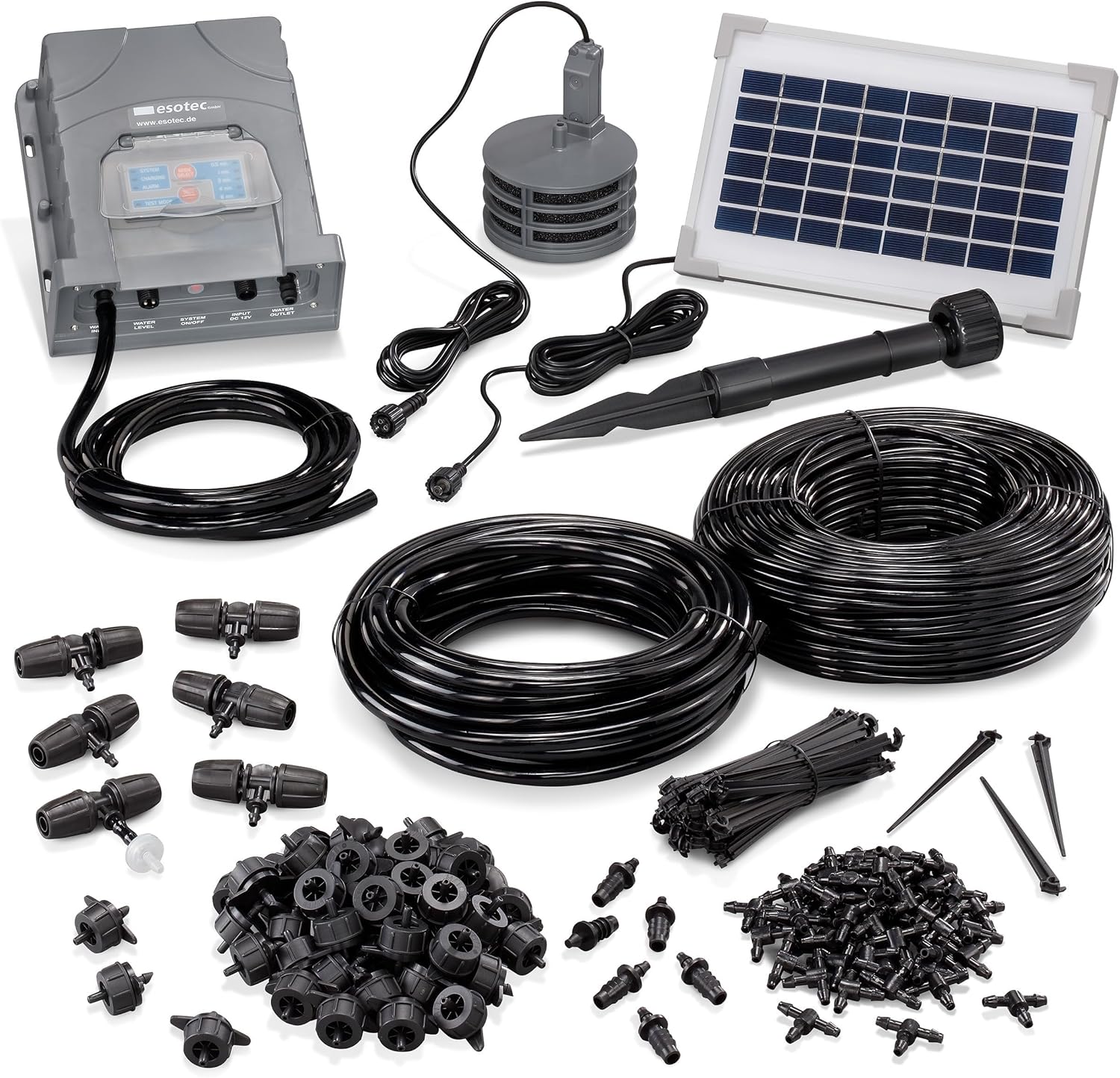 Esotec Solar Bewässerungssystem Kit Tröpfchenbewässerung Waterdrops, automatische Bewässerung für 50 Pflanzen, 48m Schlauch, mehrere Modi Outdoor 101120