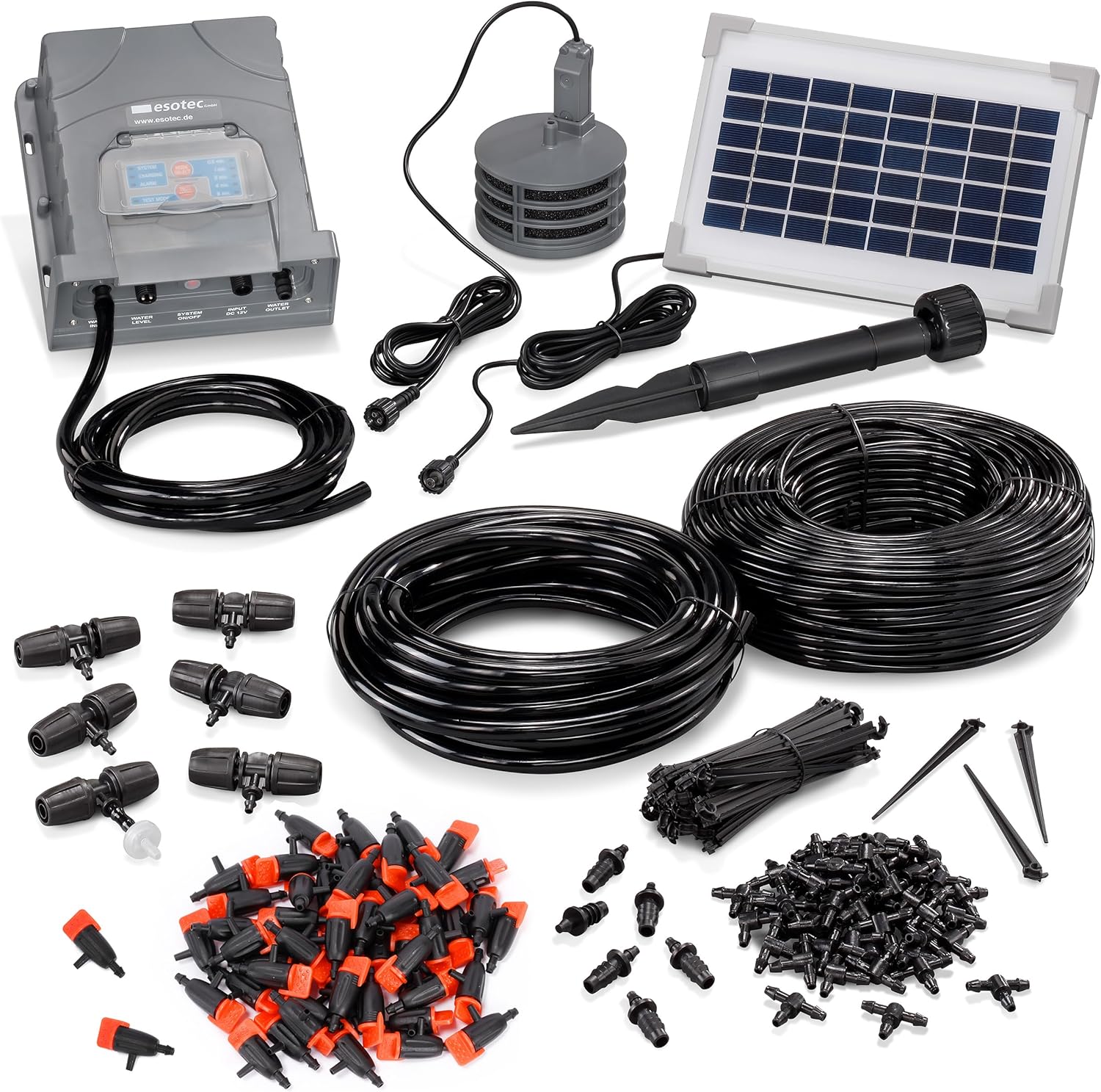Esotec Solar Bewässerungssystem Waterdrops Pro, 50 regulierbare Tropfer – Automatische Tropfbewässerung für Garten & Balkon 101124
