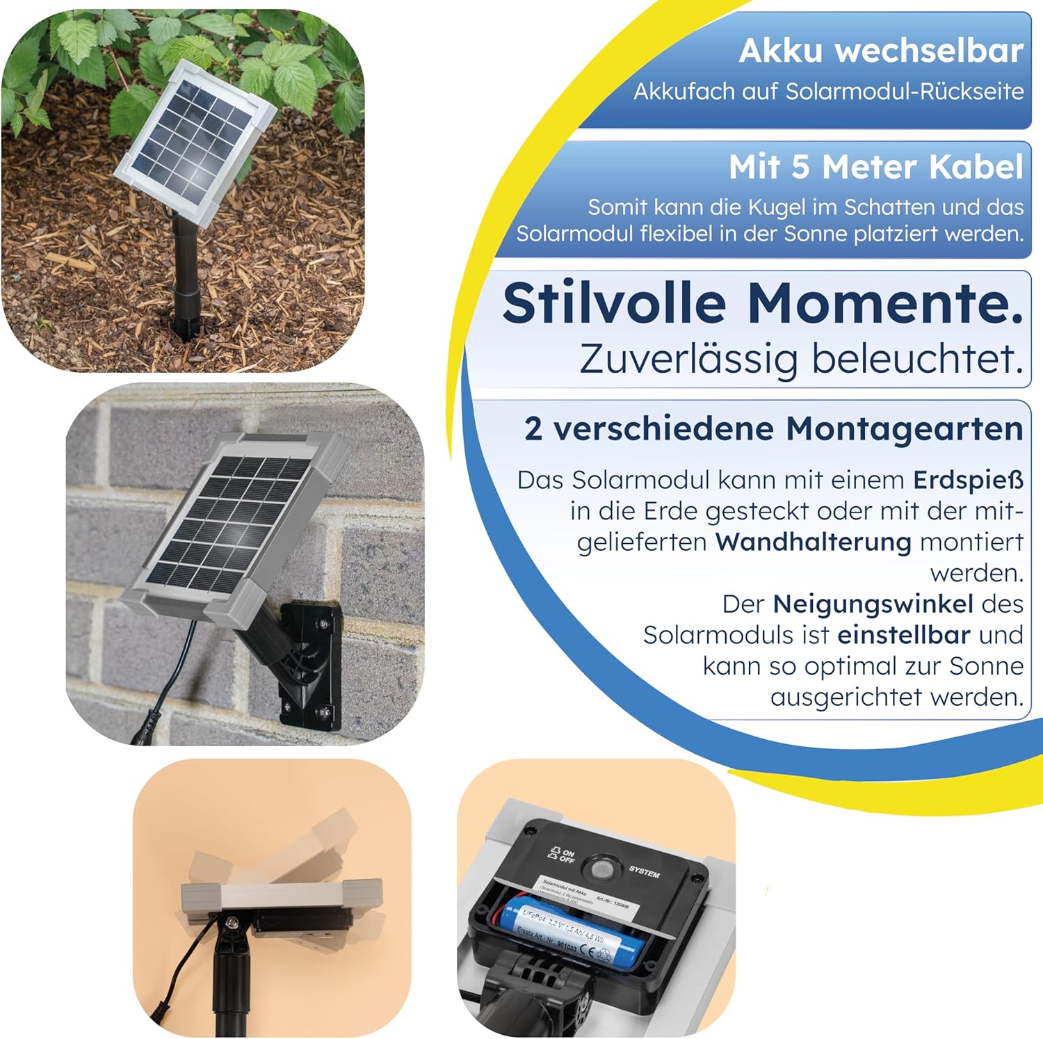 Esotec Solar Deko-Leuchtkugel, 40cm, 9 Leuchtfarben, Dauer oder Wechsellicht, Akku, Solarmodul, Erdspieß, Solarmodul-Wandhalterung, Schraubbefestigung, Solarkugel, winterfest 106111 — Ansicht 5