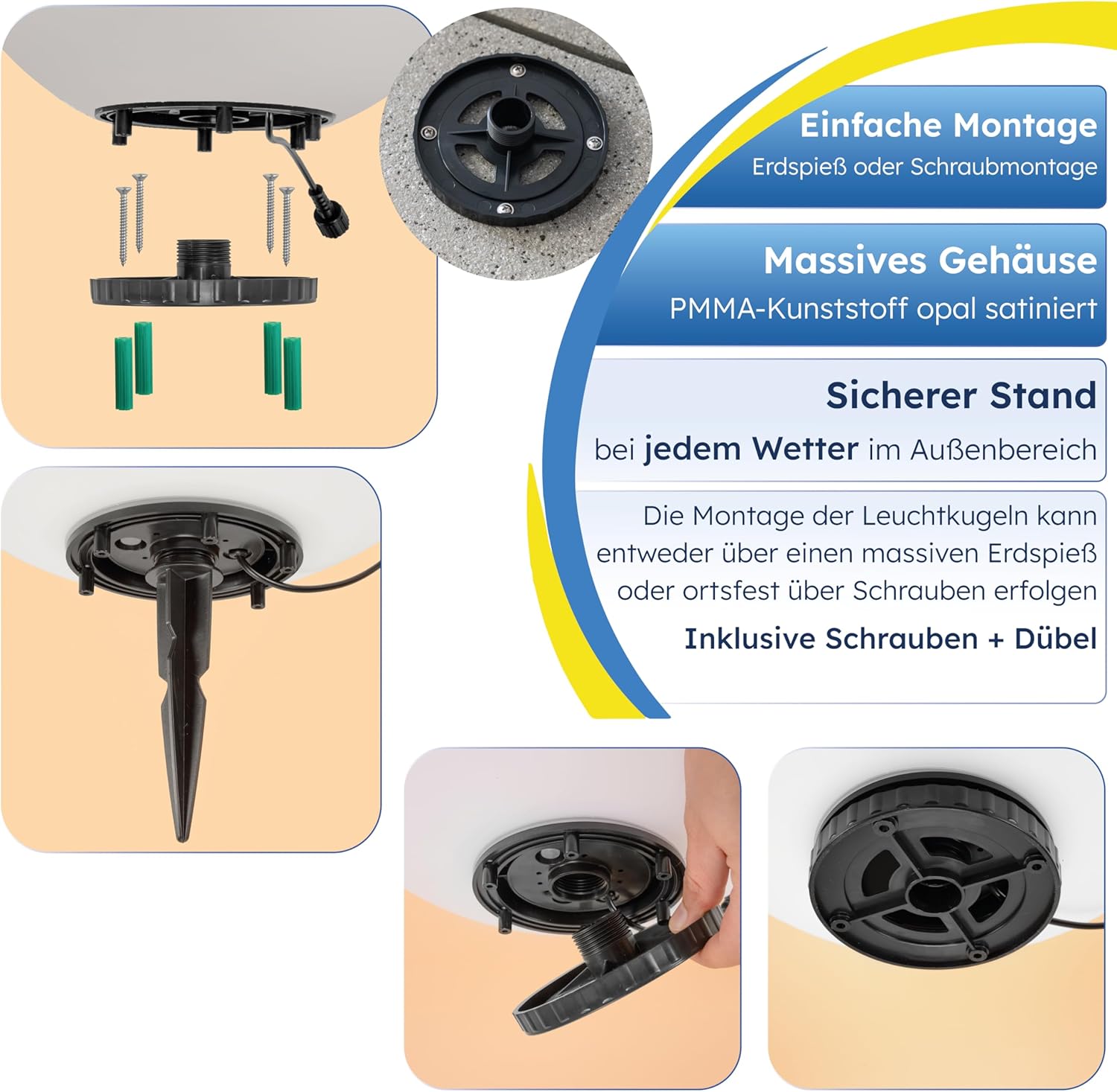 Esotec Solar Deko-Leuchtkugel, 40cm, 9 Leuchtfarben, Dauer oder Wechsellicht, Akku, Solarmodul, Erdspieß, Solarmodul-Wandhalterung, Schraubbefestigung, Solarkugel, winterfest 106111 — Ansicht 6