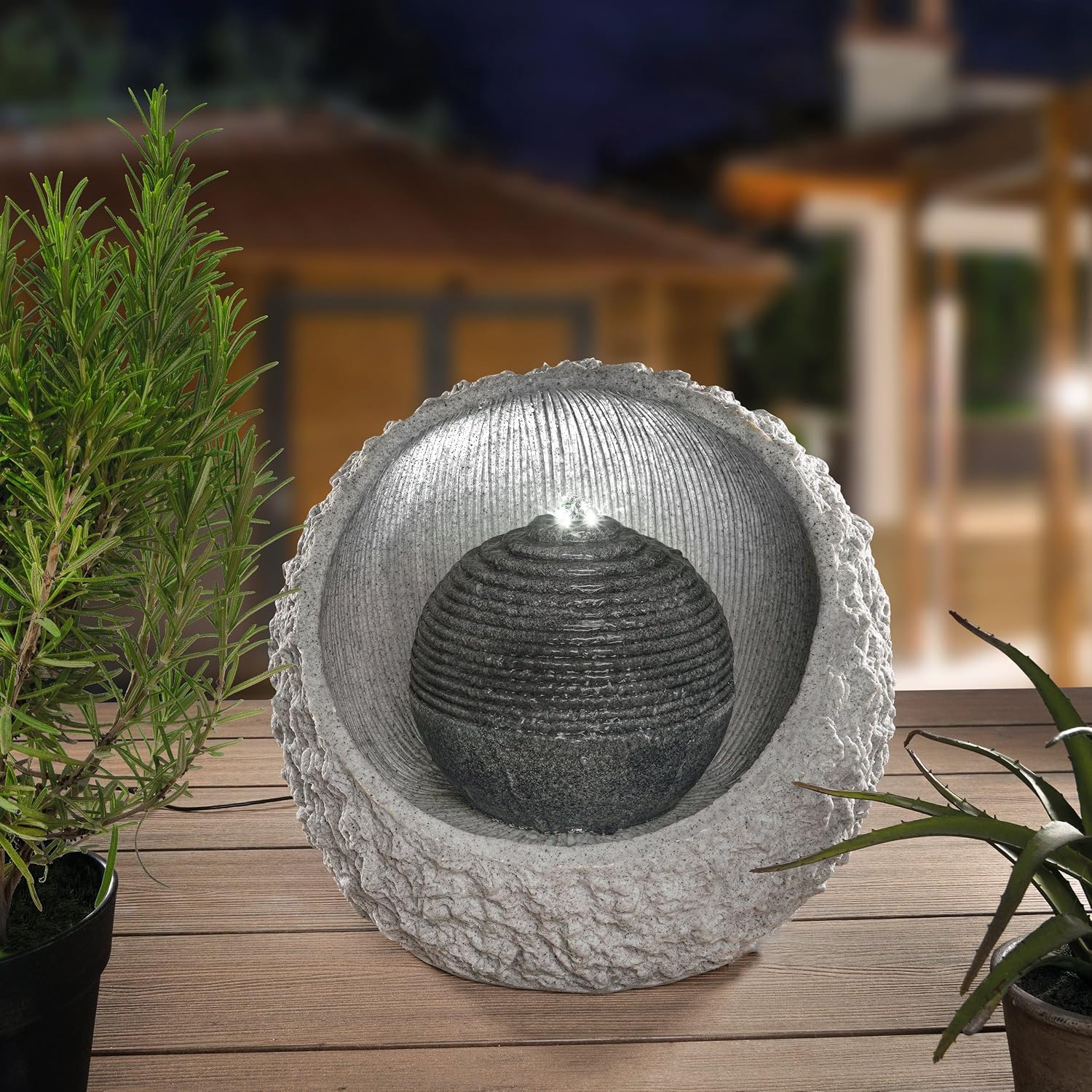 esotec Solar Felssteinbrunnen mit Akku + LED-Licht + Pumpe, Solar Gartenbrunnen Wasserspiel Outdoor, Kaskadenbrunnen mit warmweiß/kaltweiß, H=40cm 101318 — Ansicht 4