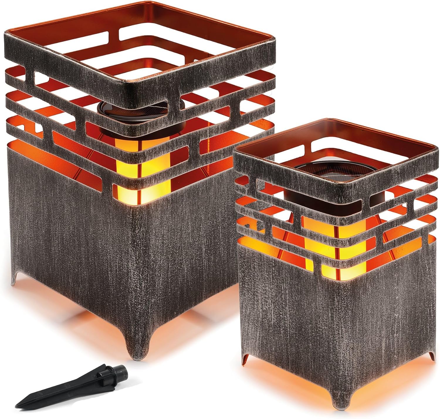 Esotec Solar Feuerstelle Lagos, 2er Set, Flackerlicht, Solarleuchte Feuerkorb, LED Windlicht, Gartendeko, Tischlicht, Rostdeko, rostfarben, außen, wetterfest, Metall, IP44 102786