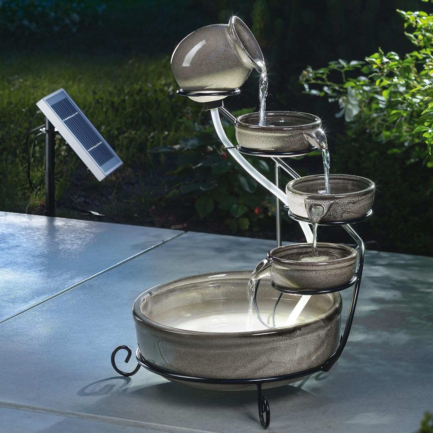 esotec Solar Kaskadenbrunnen Keramik Gartenbrunnen Pisa, Akku + LED Wasserspiel Springbrunnen außen, terrakotta grau H=55cm 101300 — Ansicht 2