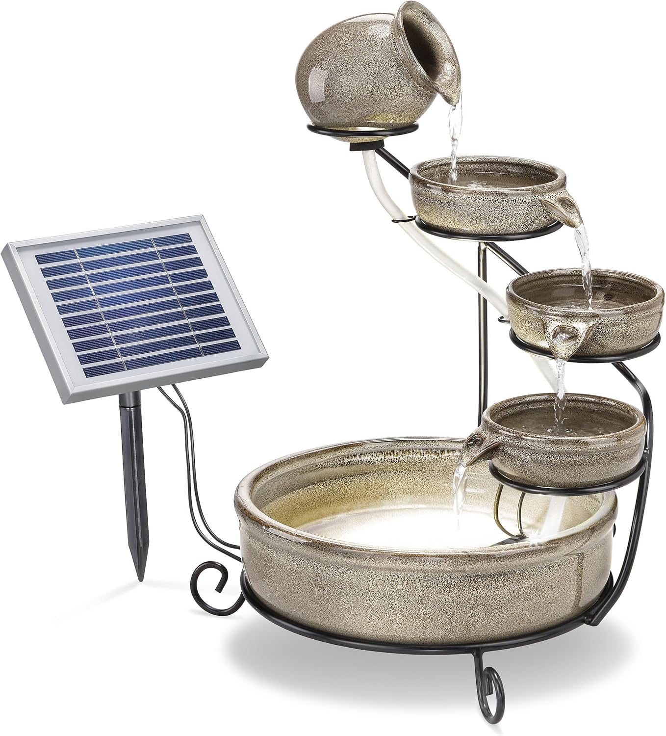 esotec Solar Kaskadenbrunnen Keramik Gartenbrunnen Pisa, Akku + LED Wasserspiel Springbrunnen außen, terrakotta grau H=55cm 101300