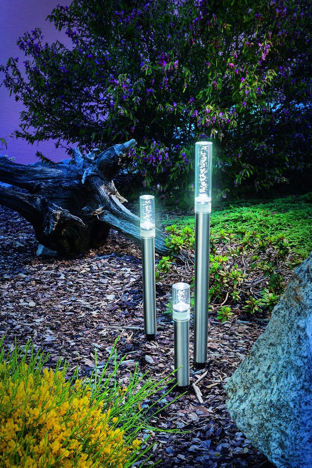 Esotec Solar LED Leuchtstäbe Trio Sticks, 3er Set, Luftblasen, Akku, Gartenstecker, Außenleuchte, Wegeleuchte, Gartenleuchte, Pfostenleuchte, kaltweiß, Edelstahl, Metall, IP44, outdoor, außen, 102600 — Ansicht 2