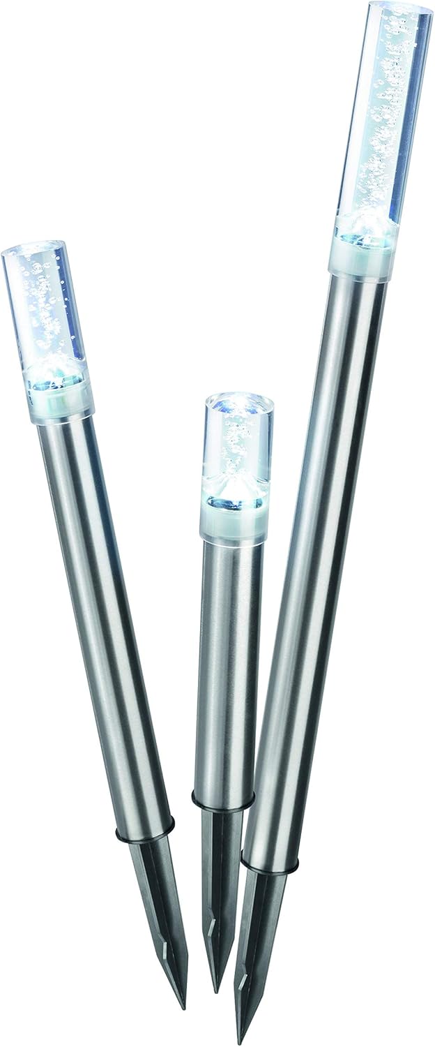 Esotec Solar LED Leuchtstäbe Trio Sticks, 3er Set, Luftblasen, Akku, Gartenstecker, Außenleuchte, Wegeleuchte, Gartenleuchte, Pfostenleuchte, kaltweiß, Edelstahl, Metall, IP44, outdoor, außen, 102600