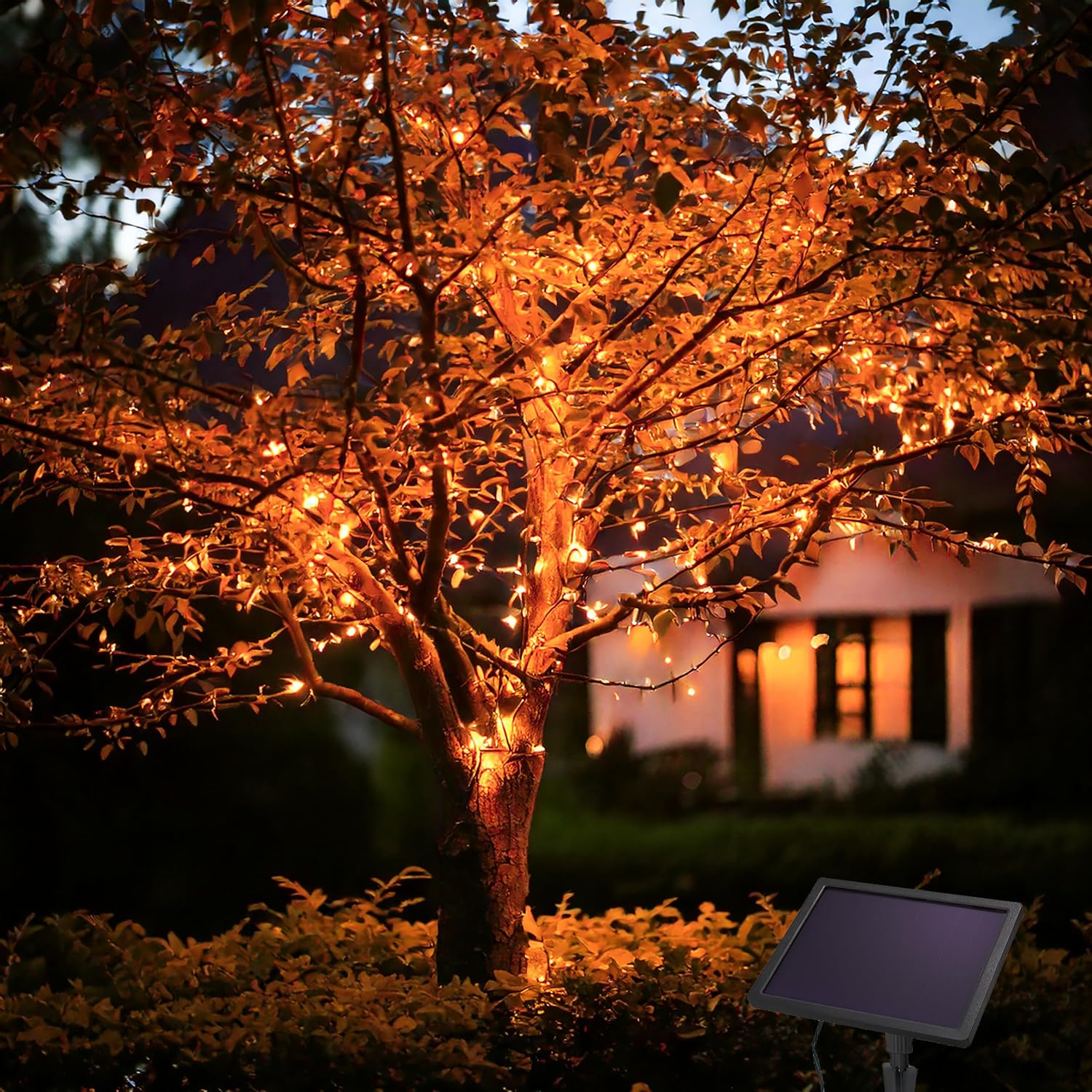 Esotec Solar LED-Lichterkette, 200 LEDs bernsteinfarben, 20m LED-Kette, LiFePO4 Akku, Solarmodul, Weihnachtsbeleuchtung outdoor, Gartendeko, winterfest, wetterfest 102569 — Ansicht 2