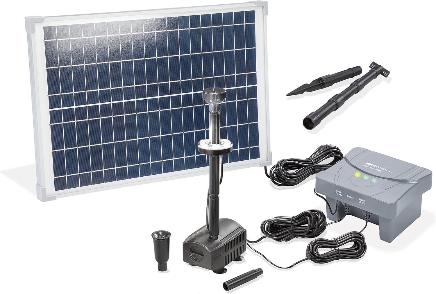 esotec Solar LED Teichpumpenset 25 700, LiFePo4 Akku, Sprinklerpumpe 700/h, Filter, Erdspieß, Solarmodul 15W, Solarbrunnen Gartenteich, Wasserspiel Springbrunnenpumpe, Komplettset, außen, 101938