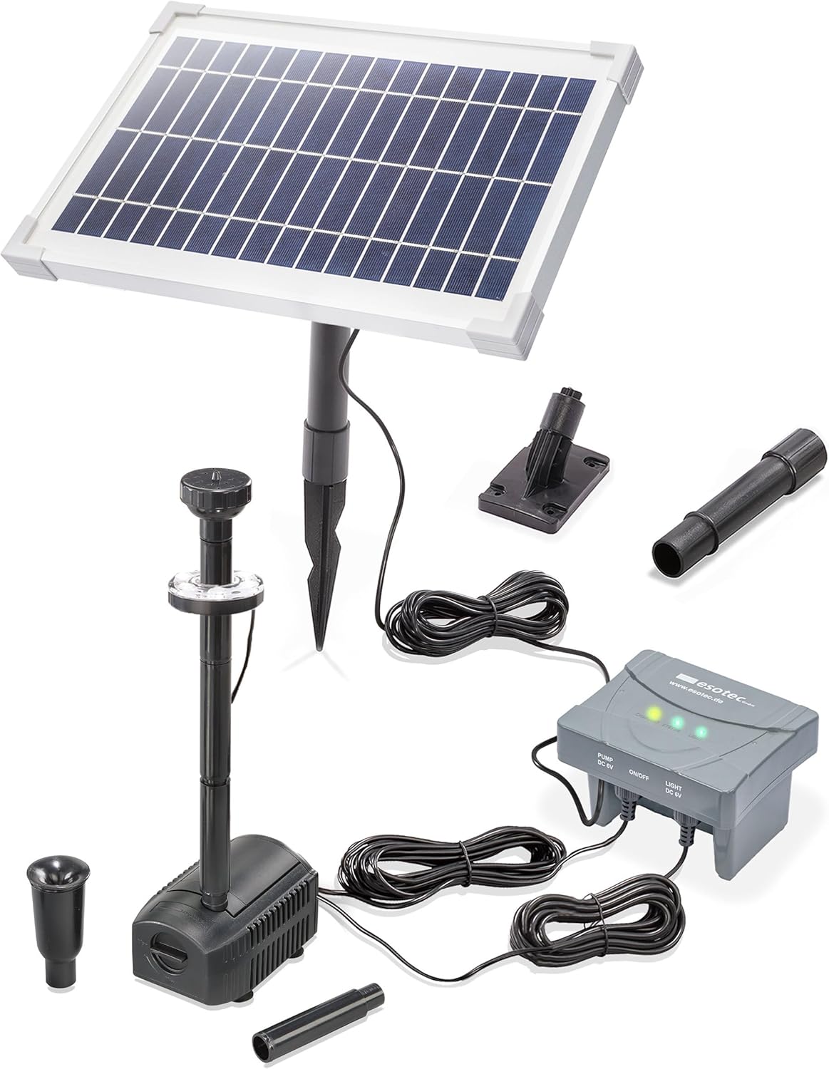 esotec Solar LED Teichpumpenset 8 400 LED, LiFePo4 Akku, Sprinklerpumpe 400/h, Erdspieß, Solarmodul 8W, Solarbrunnen Gartenteich, Wasserspiel Springbrunnenpumpe, Komplettset, außen 101936