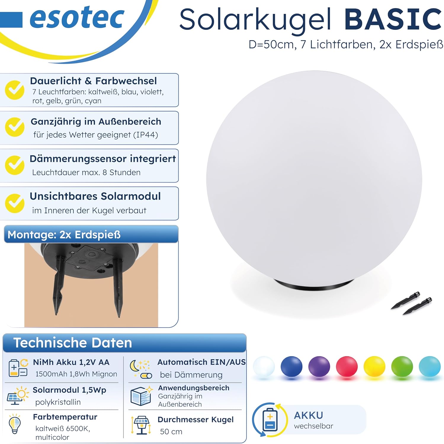 Esotec Solar-Leuchtkugel für den Garten, 50cm, 7 Farben, multicolor, Akku, 6500K, Solarleuchte winterfest outdoor, 102612 — Ansicht 3