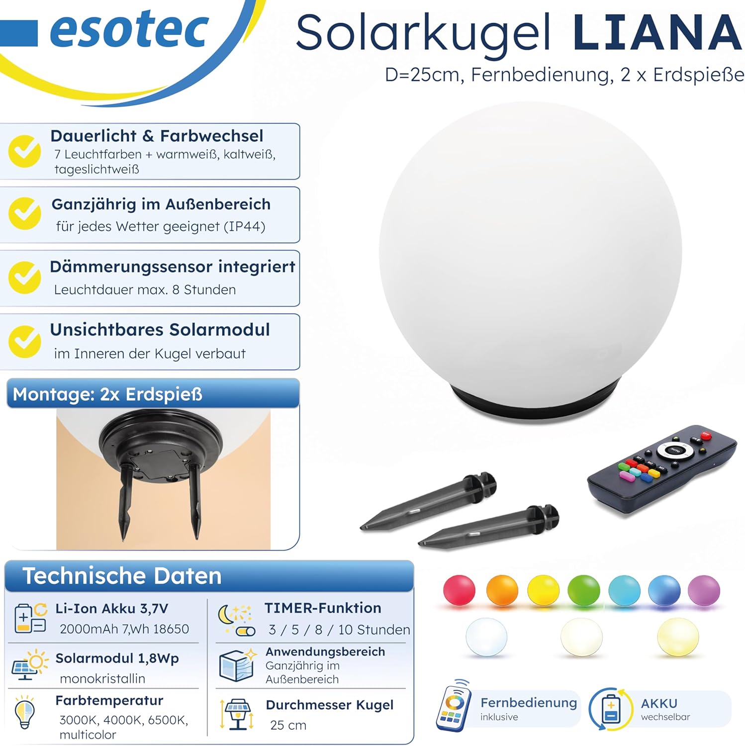 Esotec Solar Leuchtkugel Liana 25, multicolor, 25cm, Fernbedienung, Farbwechsel, Akku, Erdspieß oder Schraubbefestigung, RGB LED Gartenkugel, Solarkugel, IP44, wetterfest, winterfest, außen 102639 — Ansicht 3