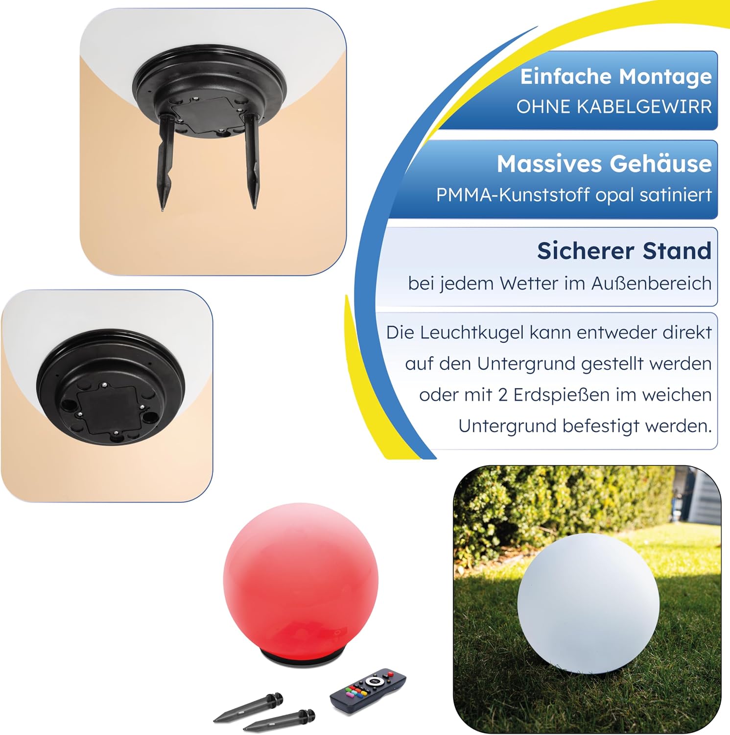 Esotec Solar Leuchtkugel Liana 25, multicolor, 25cm, Fernbedienung, Farbwechsel, Akku, Erdspieß oder Schraubbefestigung, RGB LED Gartenkugel, Solarkugel, IP44, wetterfest, winterfest, außen 102639 — Ansicht 6