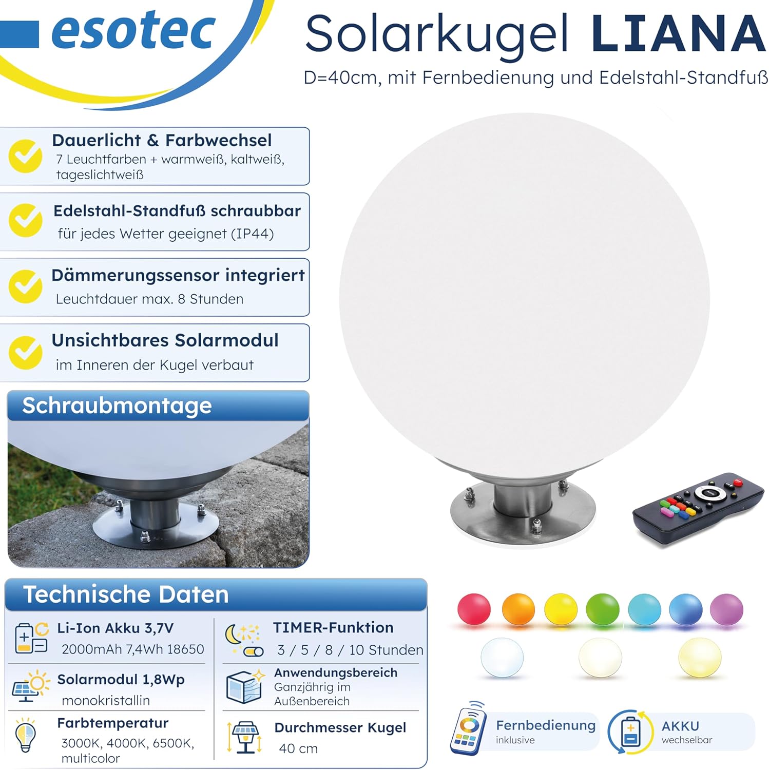 Esotec Solar Leuchtkugel Liana 40 CCT, Multicolor, Fernbedienung, Edelstahl Standfuß, Li-Ion Akku, RGB LED Gartenkugel, Solarkugel, IP44, wetterfest, Winterfest, außen, D=40cm, 102664 — Ansicht 3