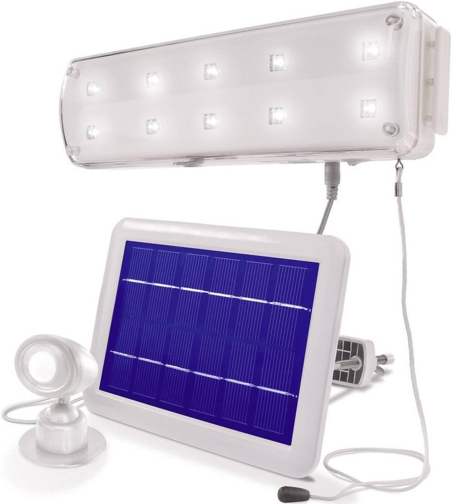 esotec Solar Lichtsystem mit Bewegungsmelder, Solarleuchte für innen & außen, LED Lichtleiste 6500K, Schuppenbeleuchtung, Campinglampe, 10 LEDs 102091