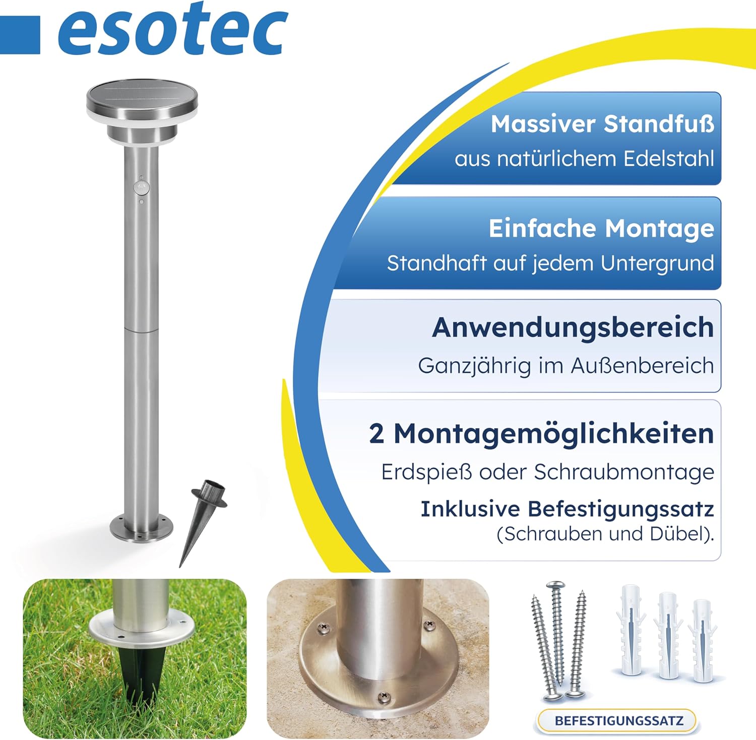 esotec Solar PIR Standleuchte Modena 85, Bewegungsmelder, 3 Leuchtmodi, Akku, LED Solarleuchte, Wegeleuchte, Gartenbeleuchtung, Metall, IP44, außen, wetterfest, silber, Höhe 85cm, 102755 — Ansicht 5