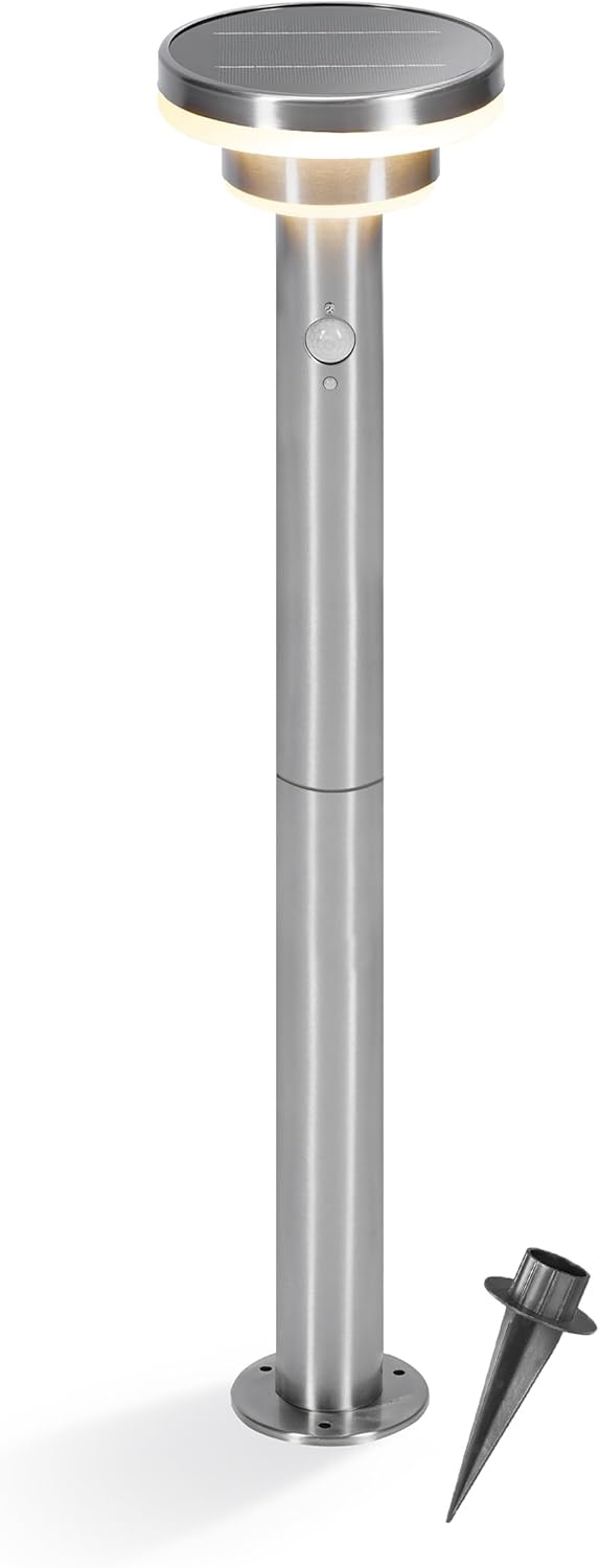 esotec Solar PIR Standleuchte Modena 85, Bewegungsmelder, 3 Leuchtmodi, Akku, LED Solarleuchte, Wegeleuchte, Gartenbeleuchtung, Metall, IP44, außen, wetterfest, silber, Höhe 85cm, 102755