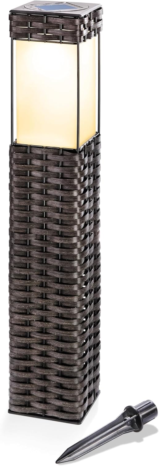 Esotec Solar Standleuchte, Rattan Geflecht, LED, Akku, gleichmäßige Lichtverteilung, Gartenleuchte, Solarlaterne, Wegeleuchte, Solarlichter, wetterfest, Metall, braun, IP34, außen, 102073