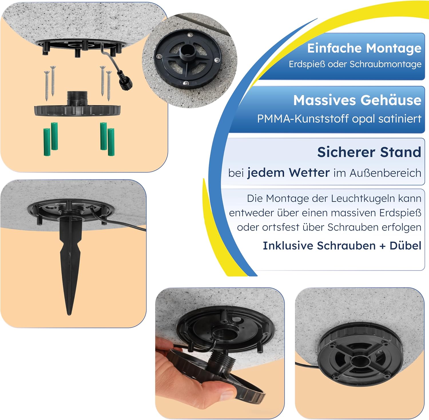 Esotec Solar Stein-Leuchtkugel, D=50cm, 9 Leuchtfarben, Dauer oder Wechsellicht, Akku, Solarmodul, Erdspieß, Solarmodul-Wandhalterung, Schraubbefestigung, Solarkugel, Solarstein, winterfest 106119 — Ansicht 6
