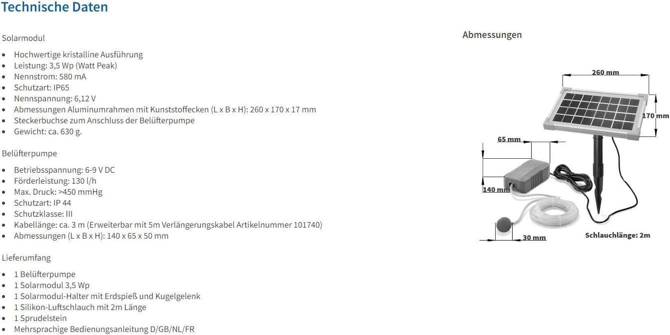 Esotec Solar Teichbelüfter 3,5/130, Teichbelüftung, Sauerstoffpumpe, 130 l/h Luftleistung, Solarmodul 3,5W, Erdspieß, Luftschlauch, Luftausströmer, 101841 — Ansicht 5