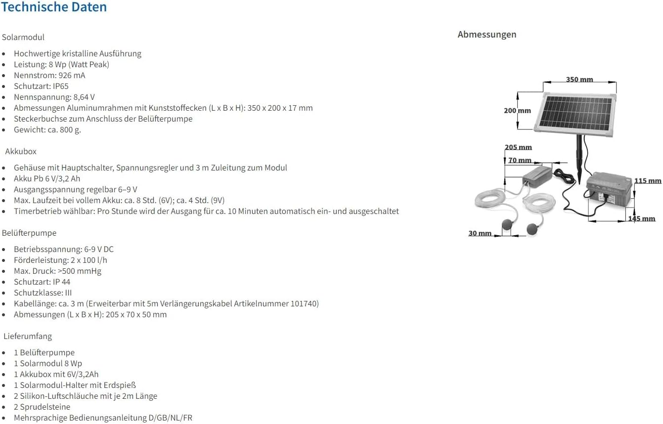 Esotec Solar Teichbelüfter Set 8/200 mit Akku-Speicher, Sauerstoffpumpe 100 l/h Luftleistung pro Ausgang, Teichbelüftung, Solarpanel 8W, Erdspieß 101846 — Ansicht 6