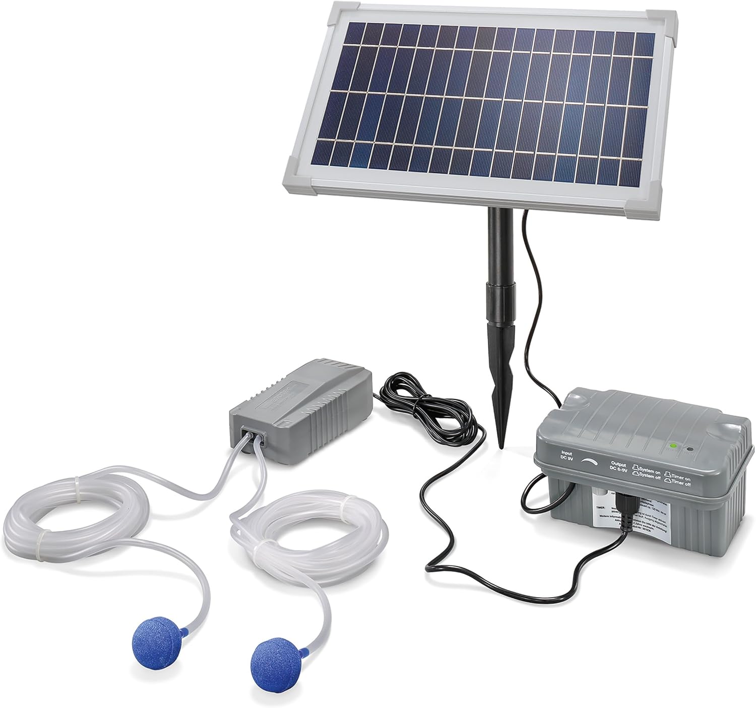 Esotec Solar Teichbelüfter Set 8/200 mit Akku-Speicher, Sauerstoffpumpe 100 l/h Luftleistung pro Ausgang, Teichbelüftung, Solarpanel 8W, Erdspieß 101846