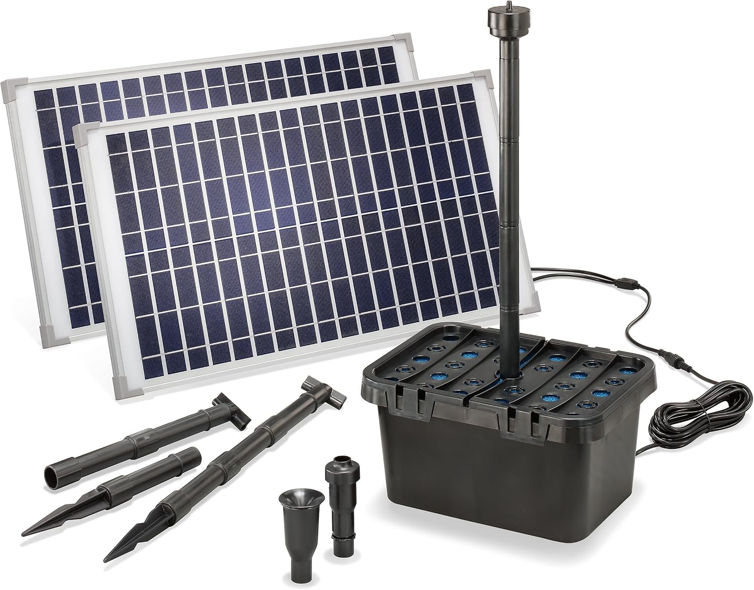 Esotec Solar Teichfilter 50/1700, Solar Teichfilterset mit 1700 l/h Teichpumpe, Unterwasserfilter für Gartenteiche bis 5000 l, 2x25Wp Solarmodule, Springbrunnen 100904