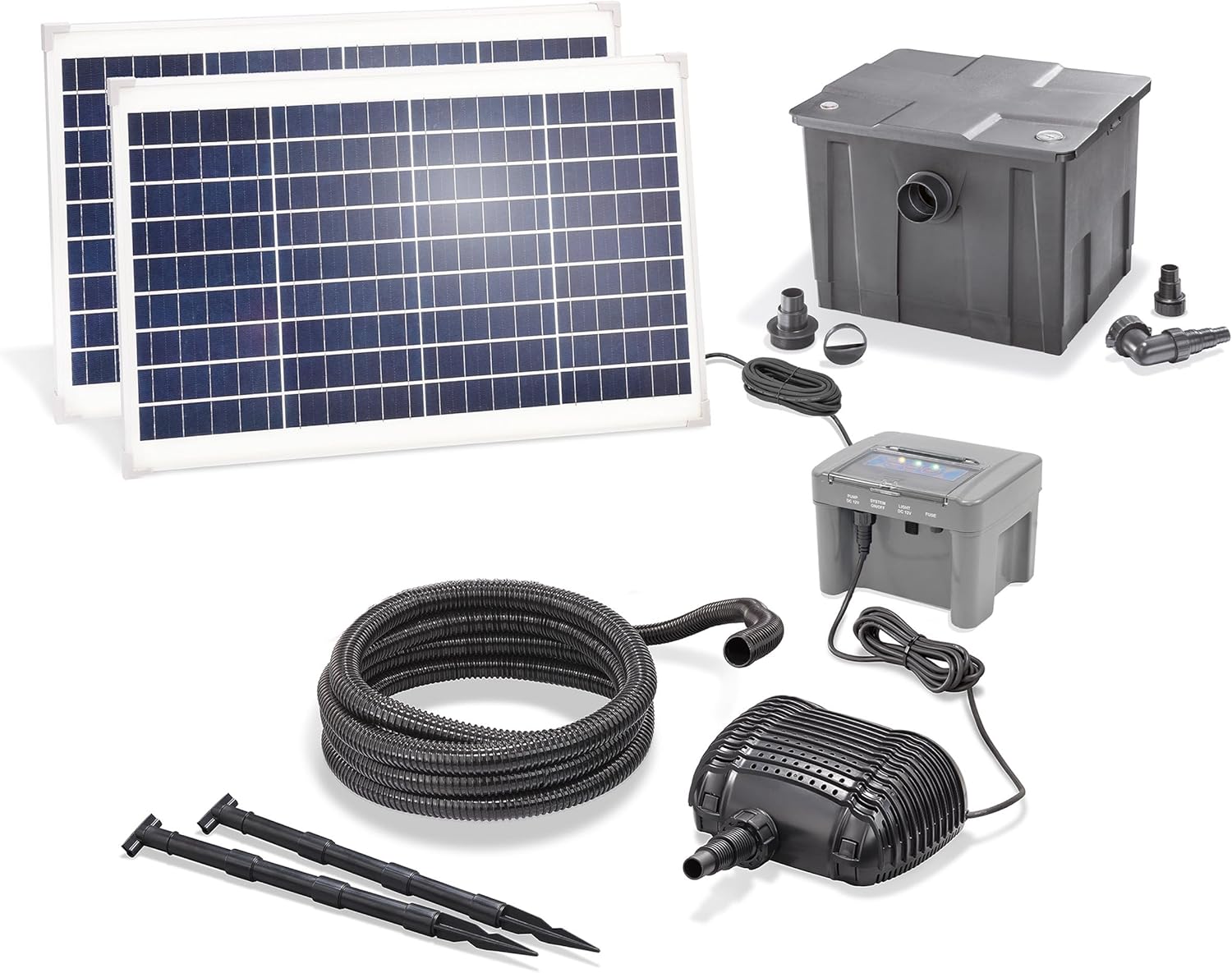 Esotec Solar Teichfilter mit Akku 70/2800, Solar Teichfilterset mit 2800 l/h Teichpumpe Solar Durchlauffilter, 2x35Wp, 12Ah LiFePO4 101091
