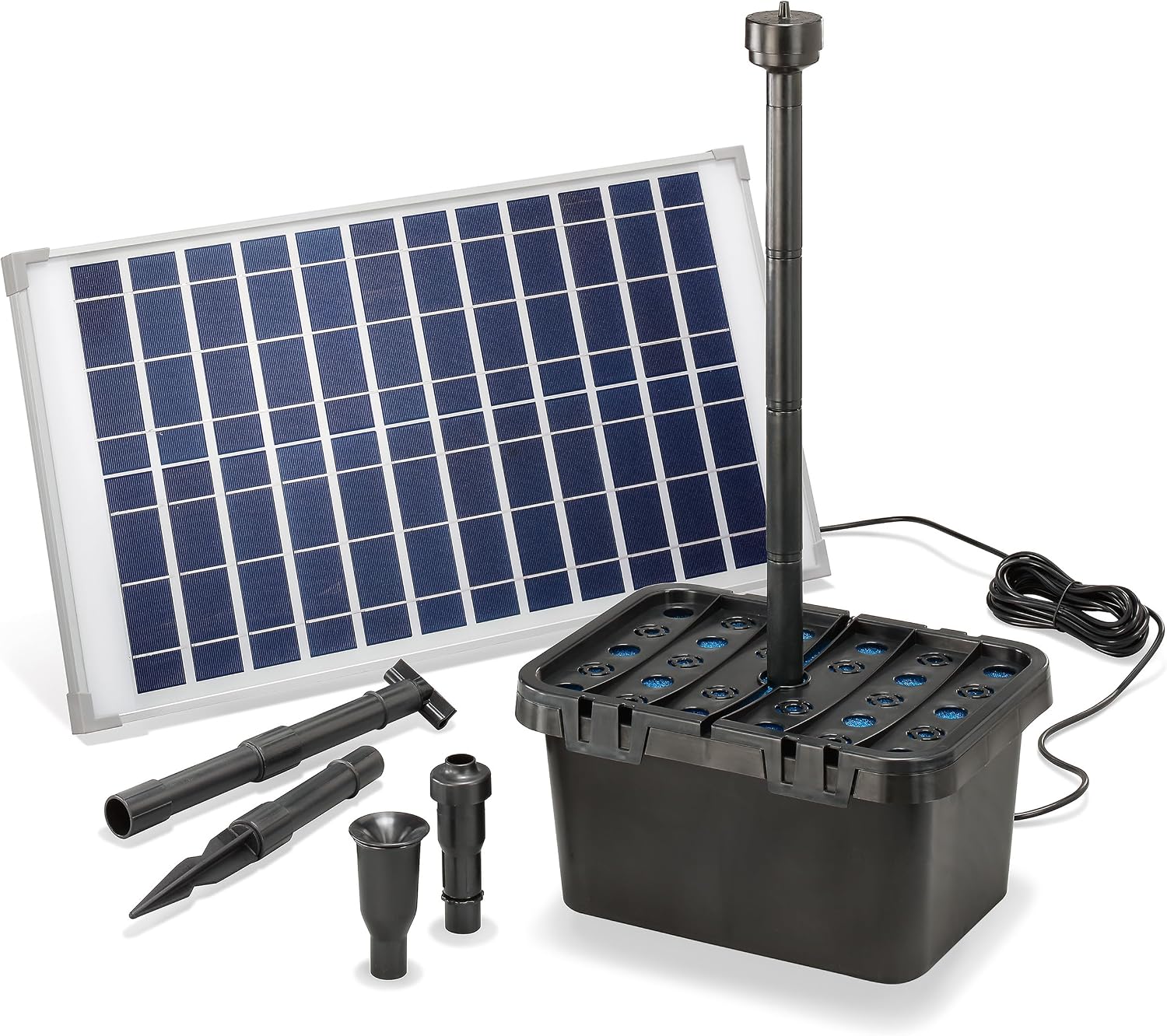 Esotec Solar Teichfilter mit Wasserspiel 25/1250, Solar Teichfilterset mit 1250 l/h Teichpumpe, Springbrunnen, 25Wp Solarmodul 100903