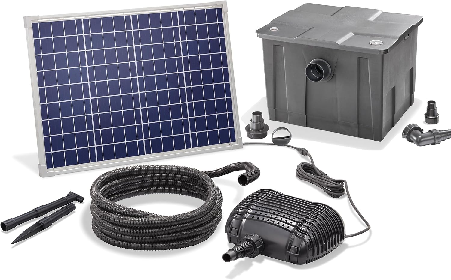 esotec Solar Teichfilterset Premium 50/2500, Teichfilter Komplettset mit Pumpe 2500 l/h, Gartenteich Außenfilter, mehrere Programm-Modi, Teichpumpe, 50Wp, Förderhöhe 2m, IP68 101080