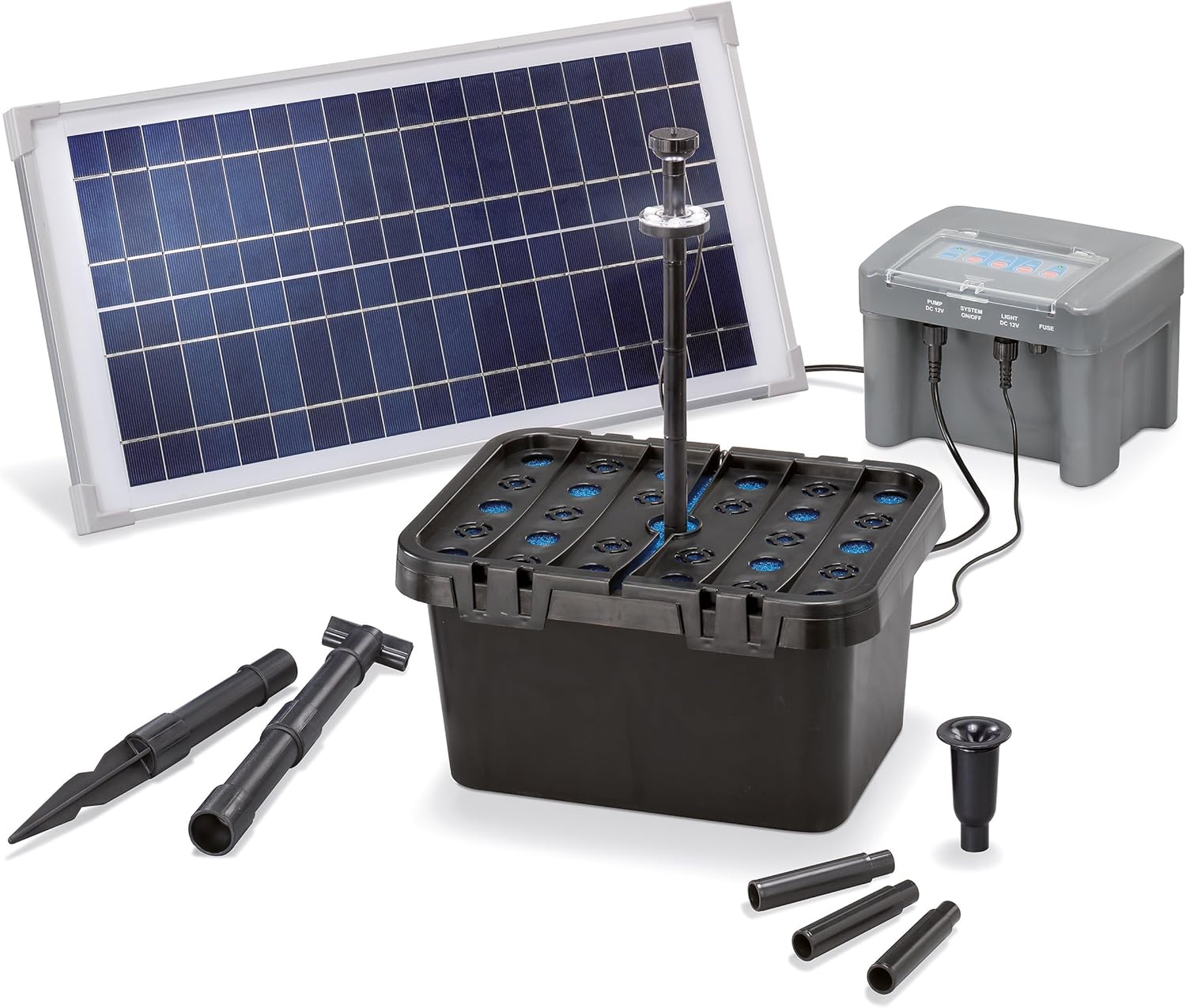 Esotec Solar Teichfilterset Profi 15/500 LED proBatt, Komplettset, Pumpe, Teichfilter, LiFePo4 Akku, Programmfunktionen, Teichpumpe, 15Wp, Förderhöhe 1,1m, 500 l/h 101058