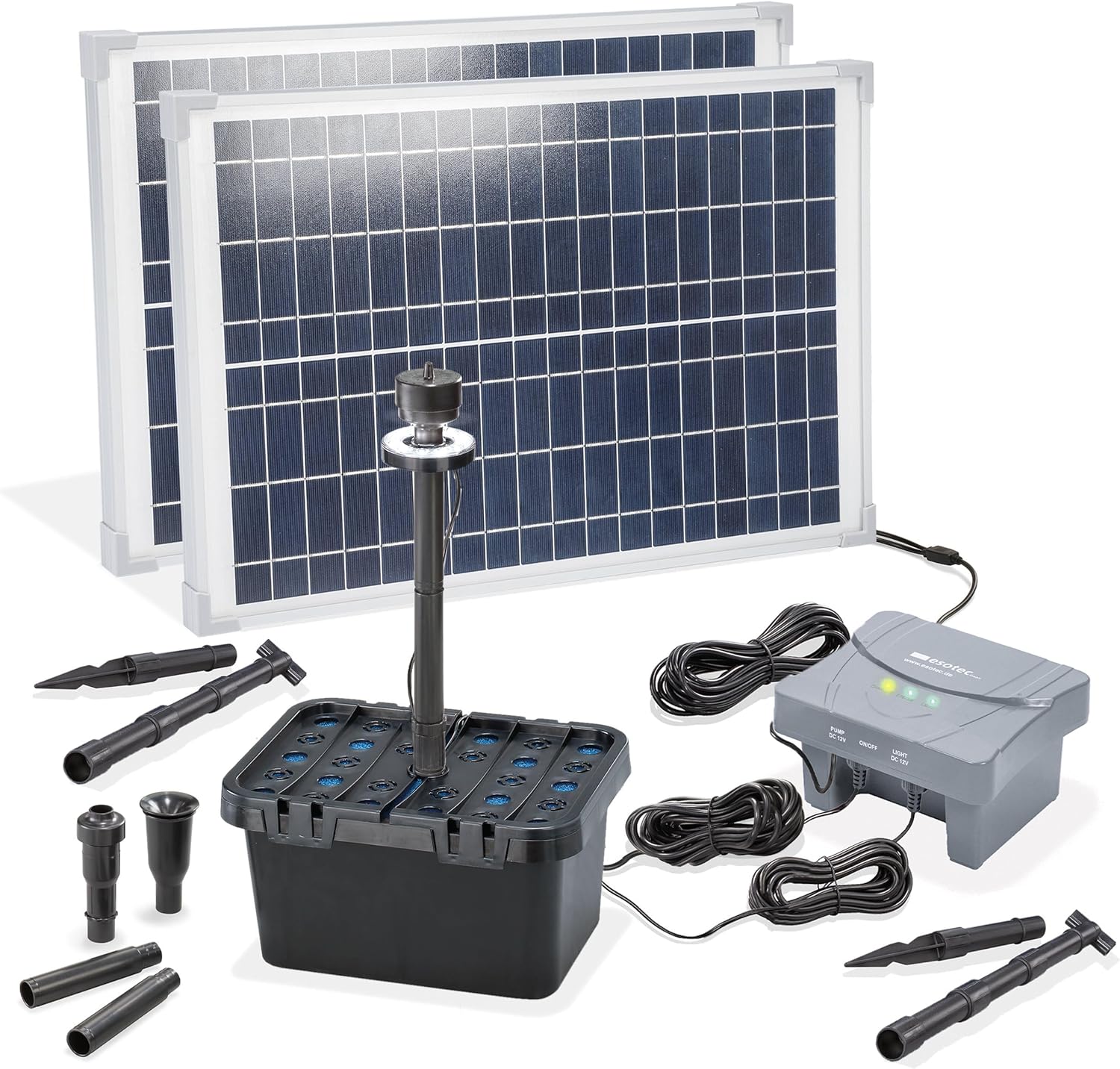 esotec Solar Teichfilterset Profi 50/1400 LED, Teichfilter Komplettset, Pumpe, LiFePo4 Akku, Solarmodul, Teichpumpe außen, mehrstufige Gartenteich Filterung, 100954