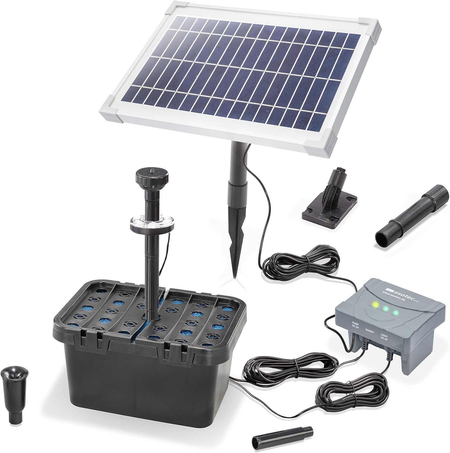 esotec Solar Teichfilterset Profi 8/400 LED, Teichfilter Komplettset mit Pumpe, LiFePo4 Akku, Solarmodul, Solar Teichpumpe für außen, mehrstufige Filterung für Gartenteich, 100951