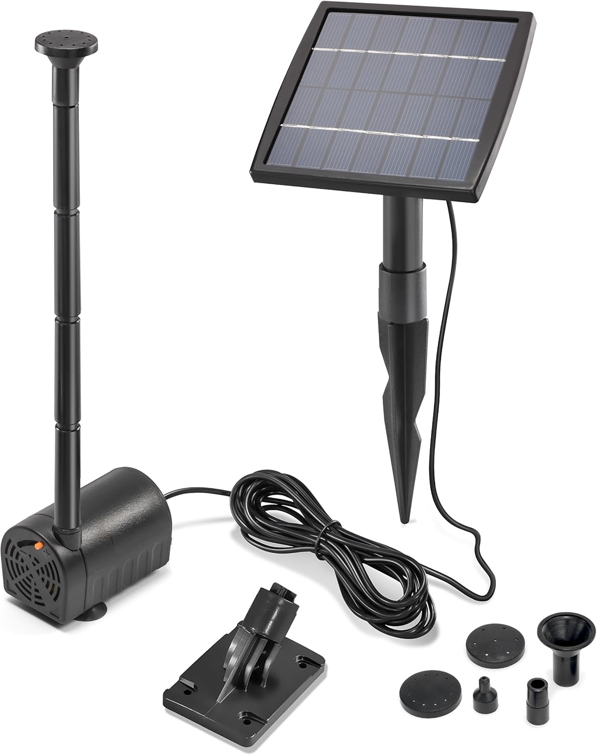 esotec Solar-Teichpumpe Wasserspiel Springbrunnen, 4 Fontänen-Aufsätze, Trockenlaufschutz, Komplettset Sprinklerpumpe 0,8m 140l/h, Solarmodul 1,8W, Solarbrunnen für draussen 101905