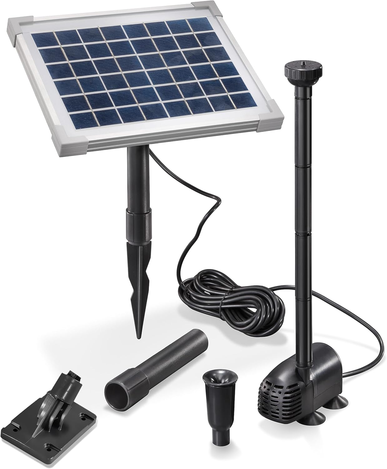 esotec Solar Teichpumpe Water Splash 470 l/h mit 5W Solarmodul – Solarbrunnen für Gartenteich & Wasserspiel – Direktbetrieb, 2 Fontänenaufsätze 101012