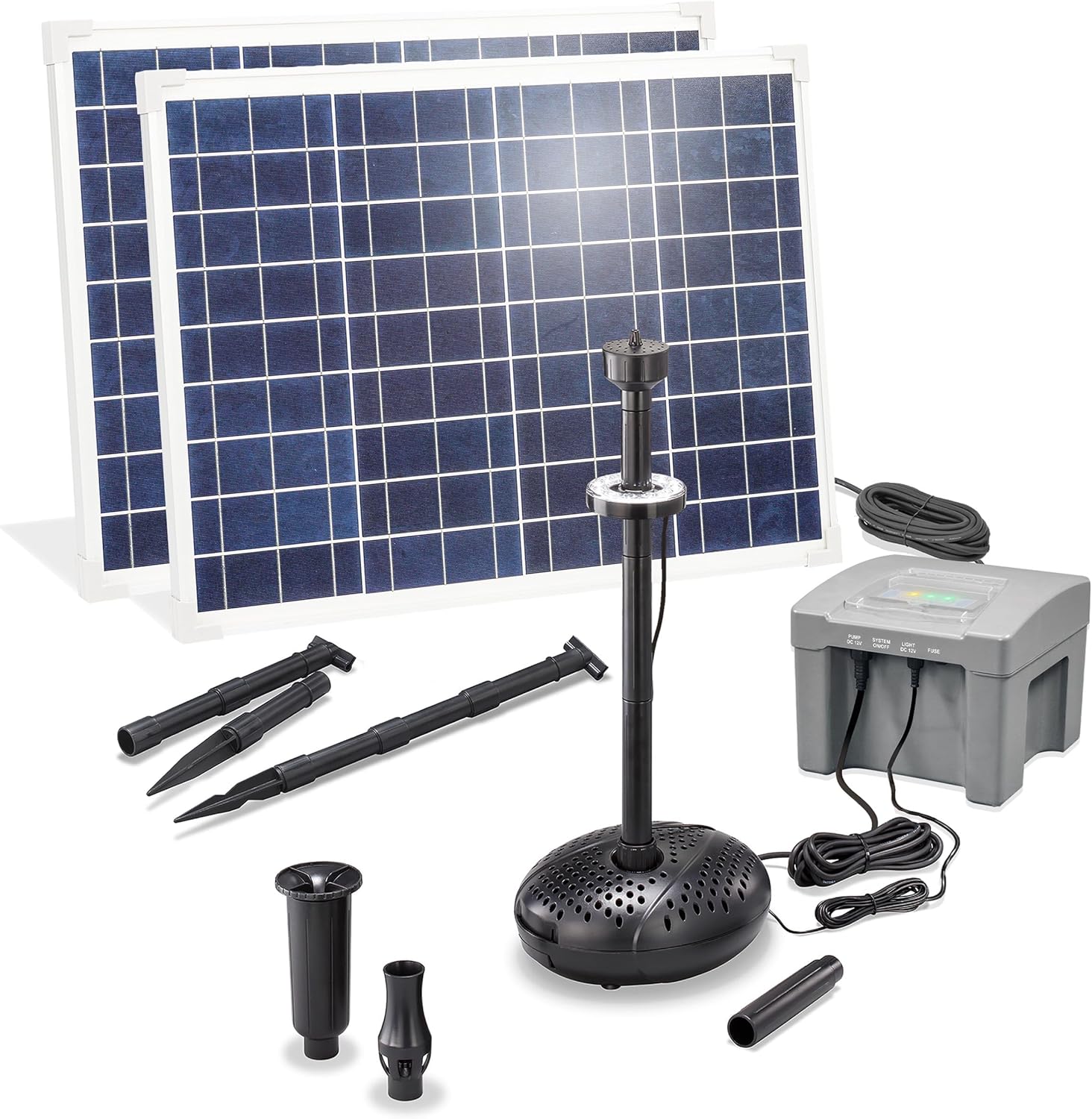 esotec Solar Teichpumpenset 100 4000, LiFePo4 Akku, Filter, Sprinklerpumpe 4000 l/h, Erdspieß, Solarmodule 100W, Solarbrunnen Gartenteich, Wasserspiel Springbrunnenpumpe, Komplettset, außen, 101941