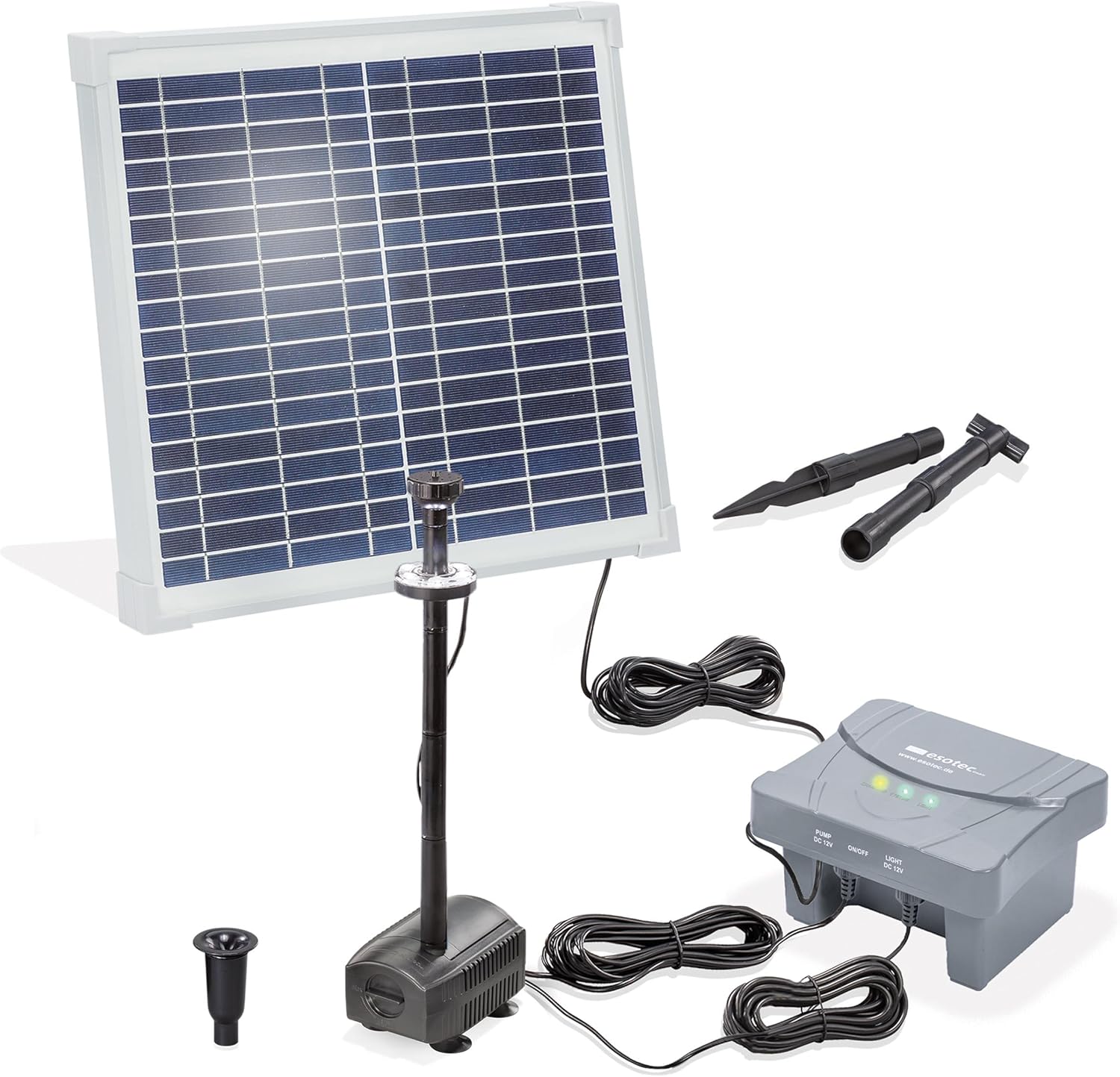 esotec Solar Teichpumpenset 15 550 LED, LiFePo4 Akku, Sprinklerpumpe 550/h, Erdspieß, Solarmodul 15W, Solarbrunnen Gartenteich, Wasserspiel, Komplettset, außen 101937