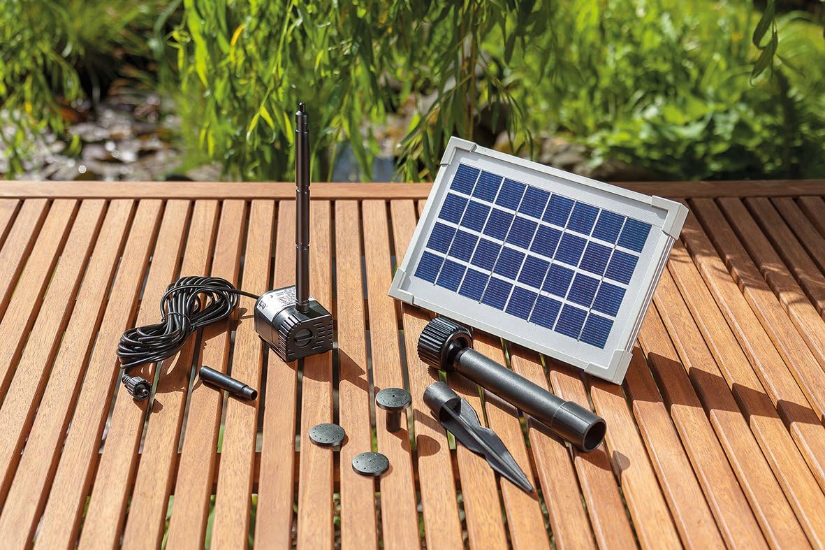 esotec Solar Teichpumpenset 3,5/300 – Solar Teichpumpe mit Solarmodul 3,5Wp, 300 l/h, Solar Tauchpumpe mit Trockenlaufschutz, 4 Fontänenaufsätze & Steigrohre, für Gartenteich Springbrunnen 101769 — Ansicht 2