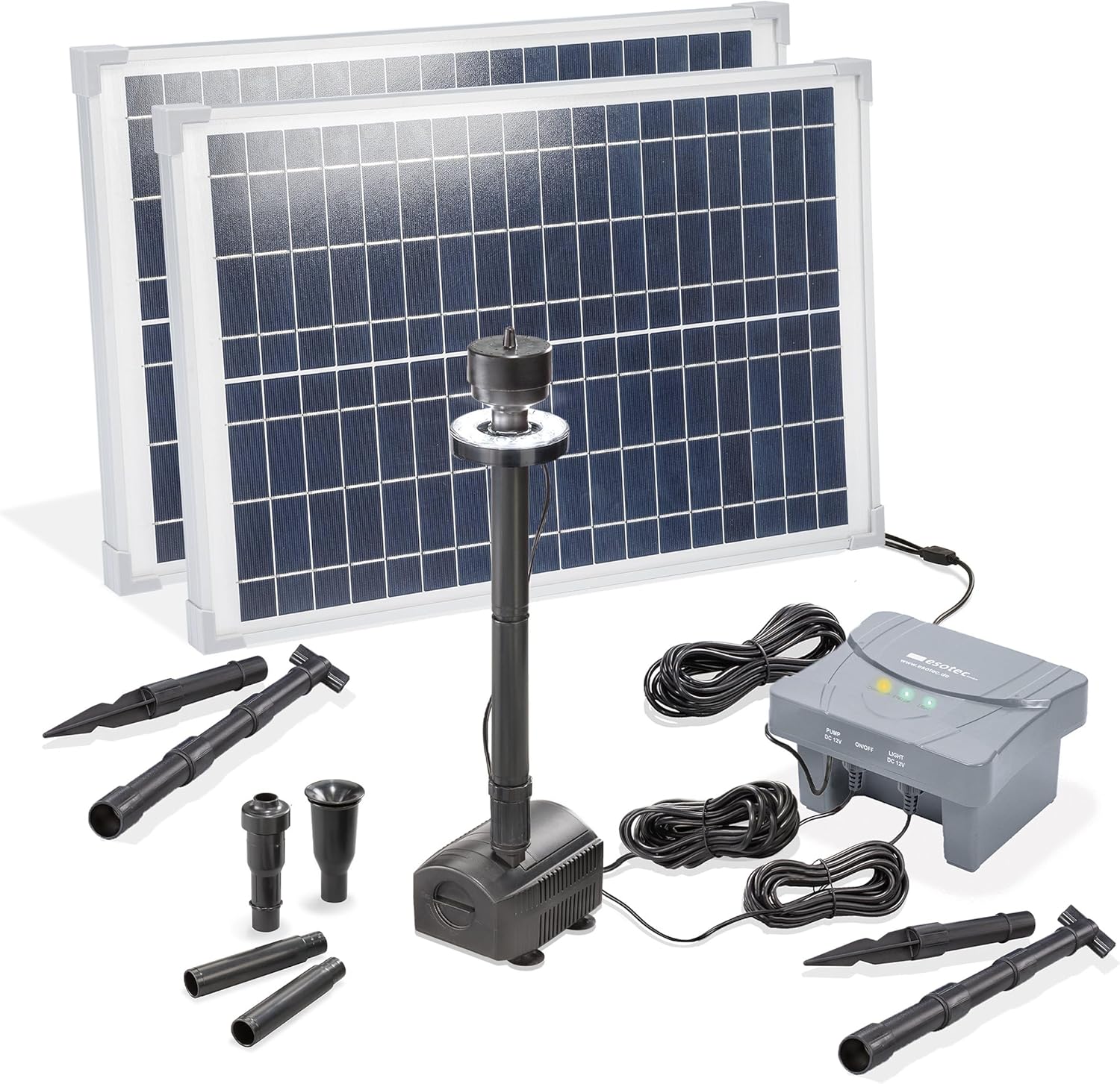 esotec Solar Teichpumpenset 50 1400 LED, Sprinklerpumpe 1400/h, LiFePo4 Akku, Filter, Erdspieß Solarmodule 50W, Solarbrunnen Gartenteich, Wasserspiel Springbrunnenpumpe, Komplettset, außen 101939