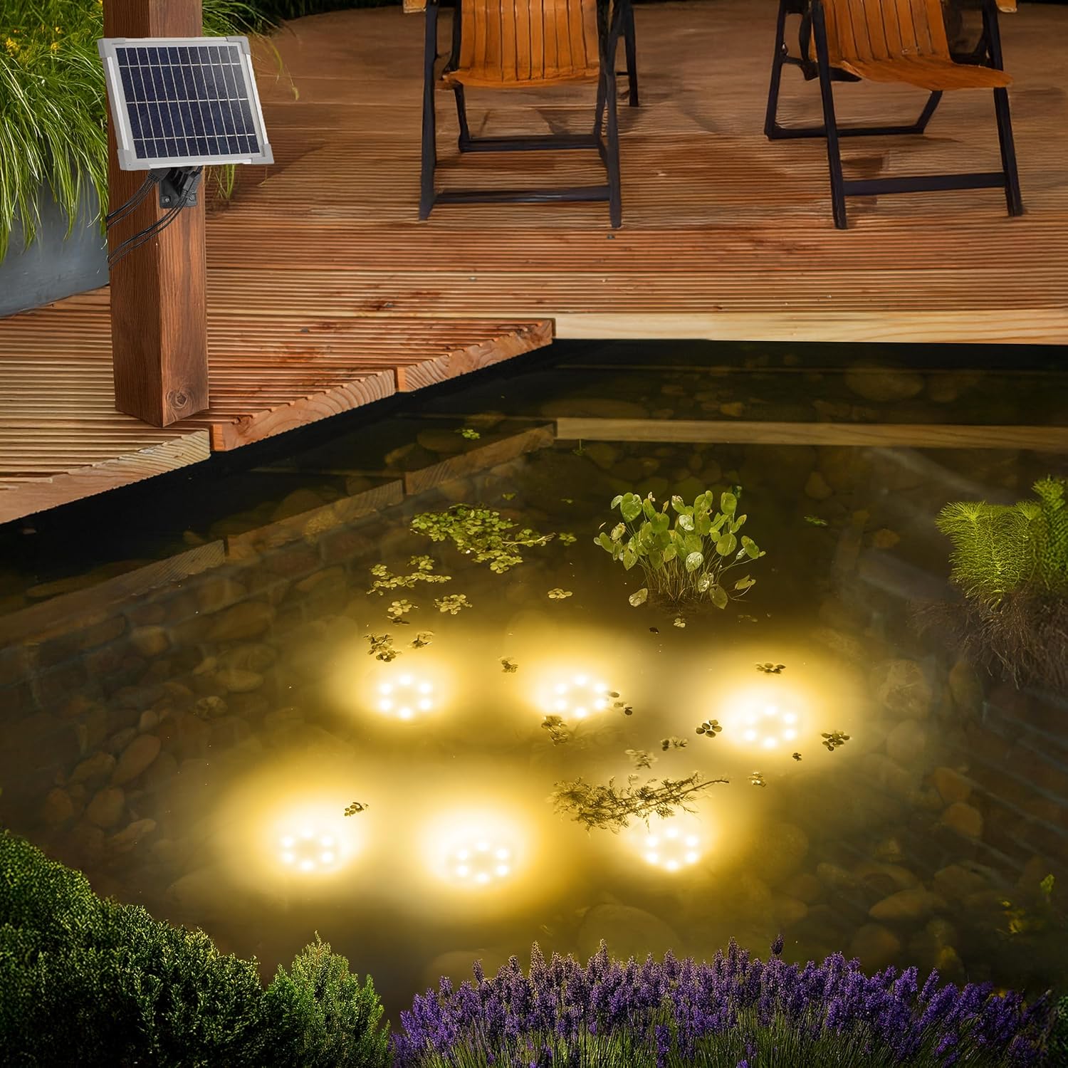 Esotec Solar Über- und Unterwasserstrahler, 6 Spots warmweiß, Teichbeleuchtung, Solarmodul, Akku, 3m Anschlussleitung, 3000K, IP68 101403 — Ansicht 2