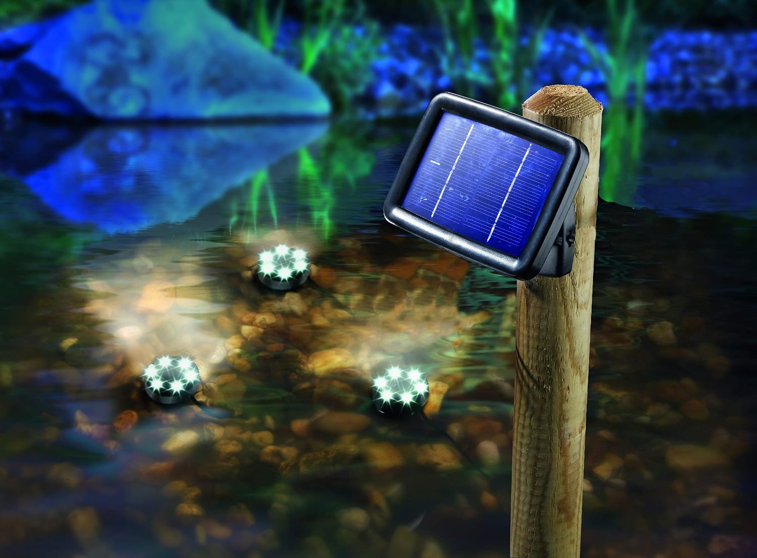 Esotec Solar Unterwasserstrahler Splash, 3er Set, LED Spot, Bodenleuchte, Unterwasserleuchte, Teichbeleuchtung, 6000K, kaltweiß, Erdspieß, Akku, IP68, wasserdicht, wetterfest, 102148 — Ansicht 2