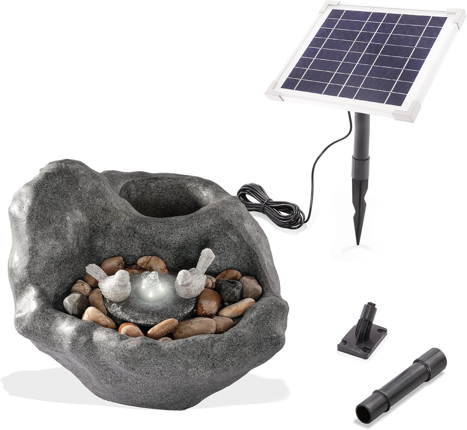 esotec Solar Vogelbadbrunnen mit Akku + LED-Licht + Pumpe, Solar Gartenbrunnen mit Vogeltränke, Wasserspiel Outdoor, warmweiß/kaltweiß, H=17cm 101320