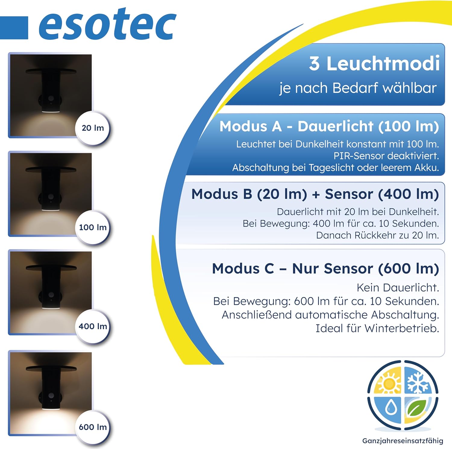 esotec Solar Wandleuchte mit Bewegungsmelder Bologna, Solarleuchte für Außen, 600 lm, 3000K, 3 Modi, LiFePO4 Akku, Außenleuchte 102750 — Ansicht 4
