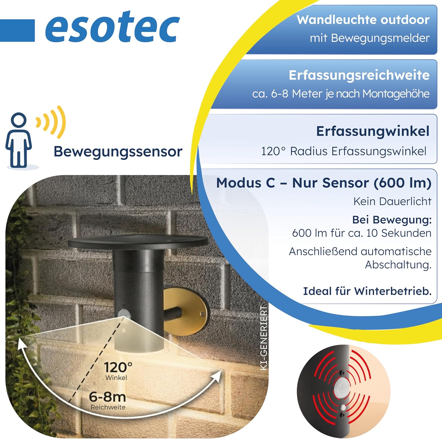 esotec Solar Wandleuchte mit Bewegungsmelder Bologna, Solarleuchte für Außen, 600 lm, 3000K, 3 Modi, LiFePO4 Akku, Außenleuchte 102750 — Ansicht 5